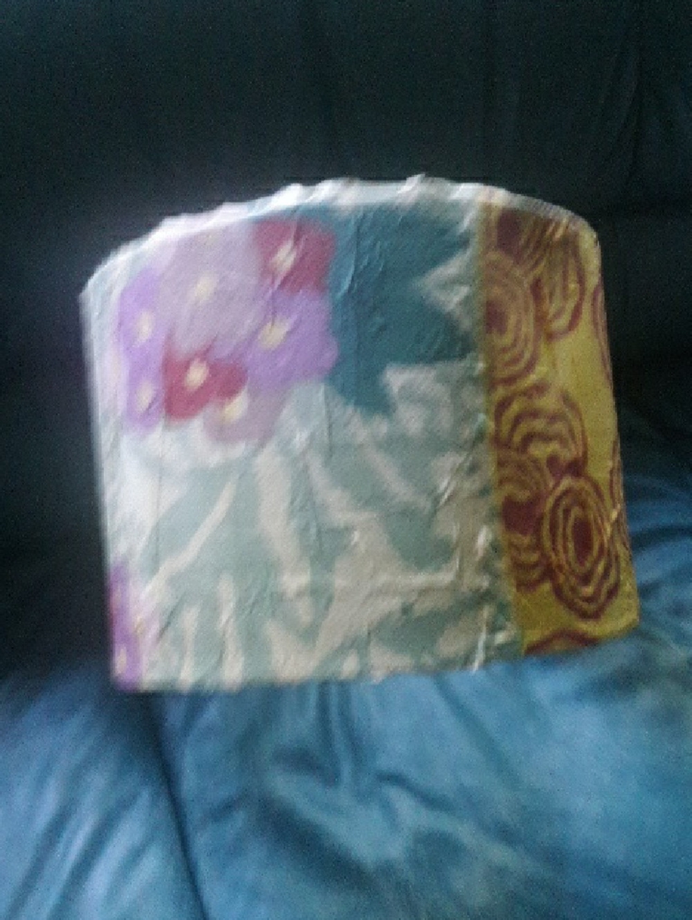 Floral Drum Lampshade in Purple, Teal, Yellow, Shade Possibly Paper Mache